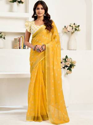 Mustard mustard white linen ready to wear saree with printed design 1