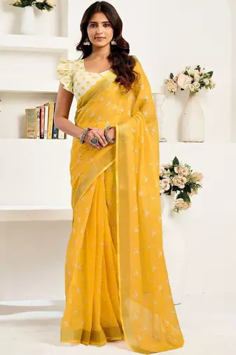 Mustard mustard white linen ready to wear saree with printed design