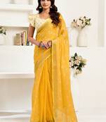 Mustard mustard white linen ready to wear saree with printed design