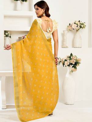Mustard mustard white linen ready to wear saree with printed design 2
