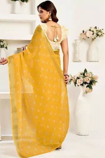 Mustard mustard white linen ready to wear saree with printed design