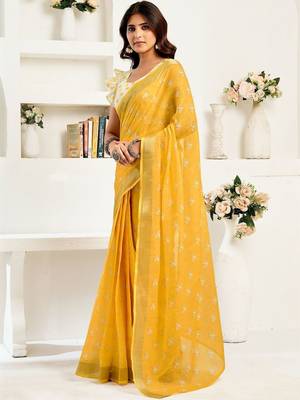 Mustard mustard white linen ready to wear saree with printed design 3
