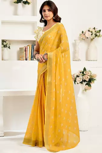 Mustard mustard white linen ready to wear saree with printed design