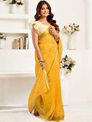 Mustard mustard white linen ready to wear saree with printed design 4