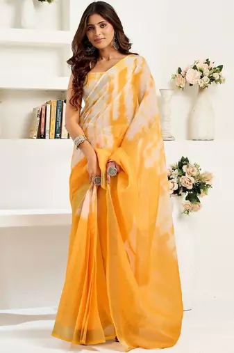 Mustard mustard linen ready to wear saree with printed design