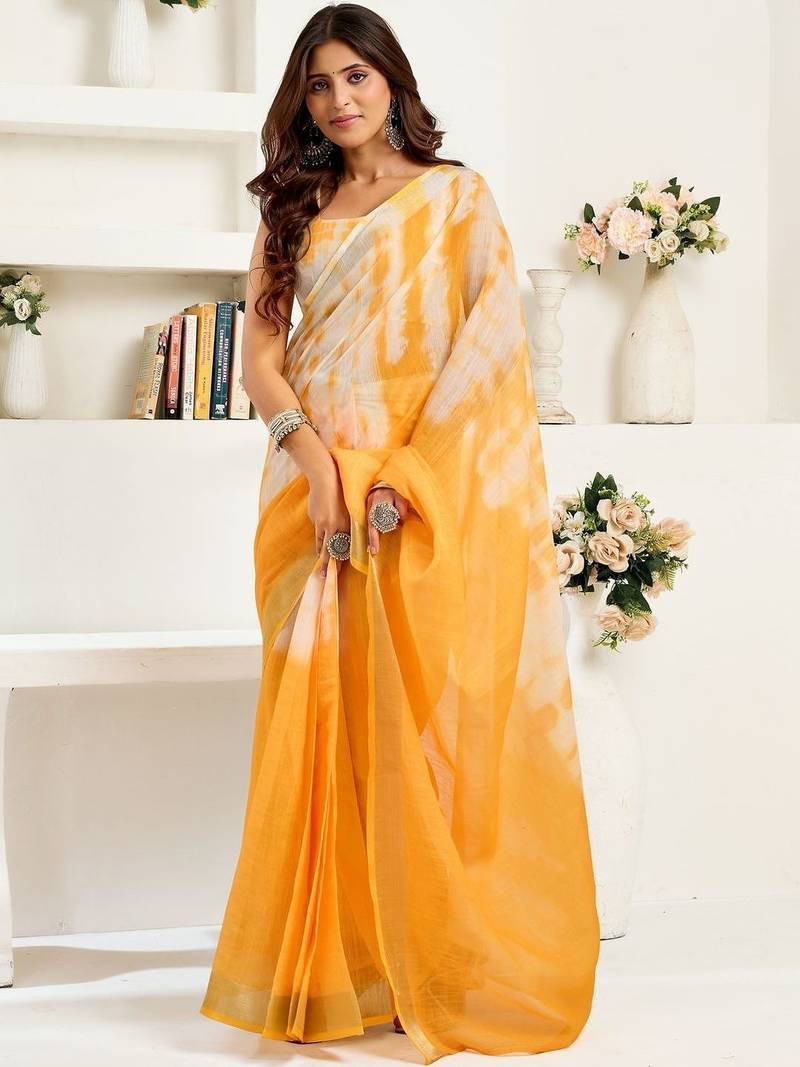 Mustard mustard linen ready to wear saree with printed design