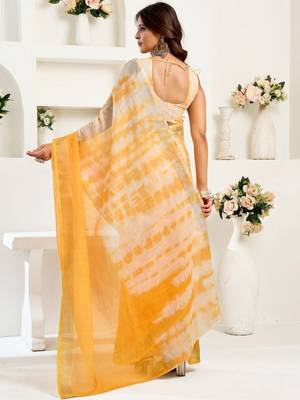 Mustard mustard linen ready to wear saree with printed design 2