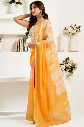 Mustard mustard linen ready to wear saree with printed design