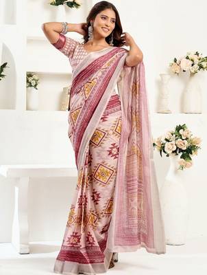 Pink pink linen ready to wear saree with printed design 1