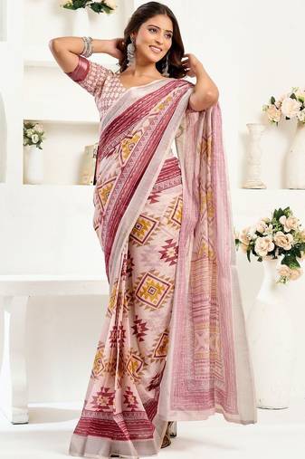 Pink pink linen ready to wear saree with printed design