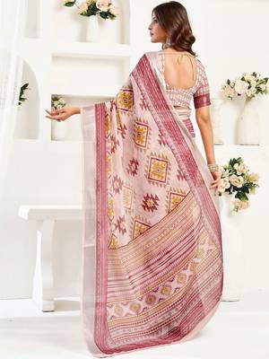 Pink pink linen ready to wear saree with printed design 2