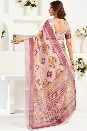 Pink pink linen ready to wear saree with printed design