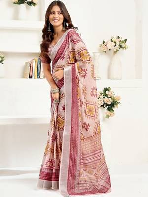 Pink pink linen ready to wear saree with printed design 3