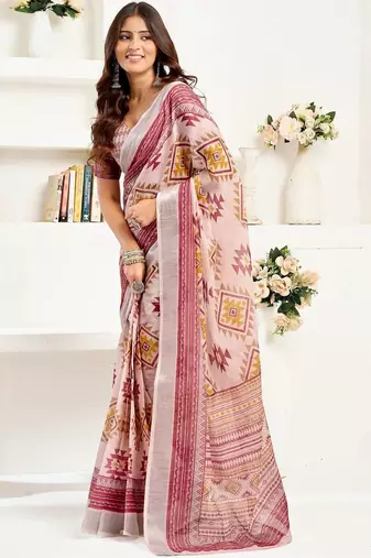 Pink pink linen ready to wear saree with printed design