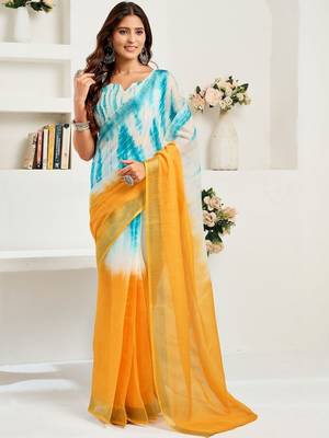 Turquoise sky blue linen ready to wear saree with printed design 1