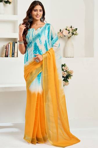 Turquoise sky blue linen ready to wear saree with printed design