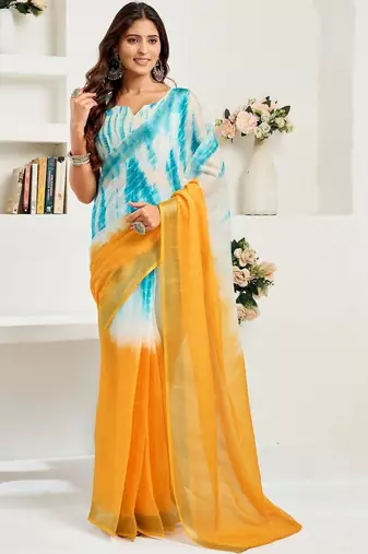 Turquoise sky blue linen ready to wear saree with printed design