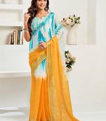 Turquoise sky blue linen ready to wear saree with printed design