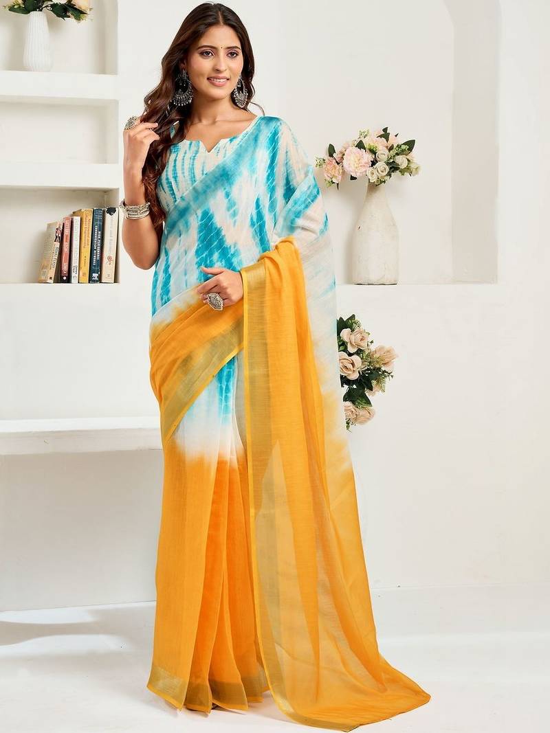 Turquoise sky blue linen ready to wear saree with printed design