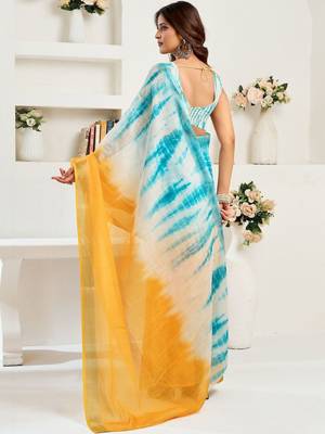 Turquoise sky blue linen ready to wear saree with printed design 2