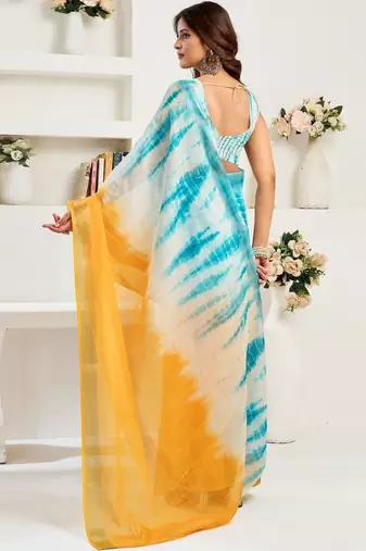 Turquoise sky blue linen ready to wear saree with printed design