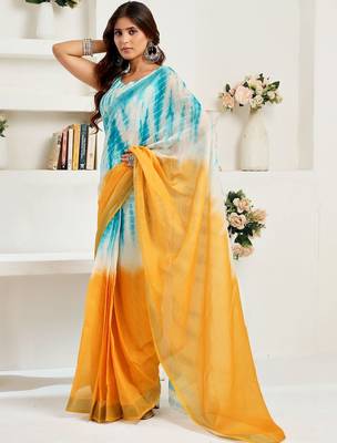 Turquoise sky blue linen ready to wear saree with printed design 3