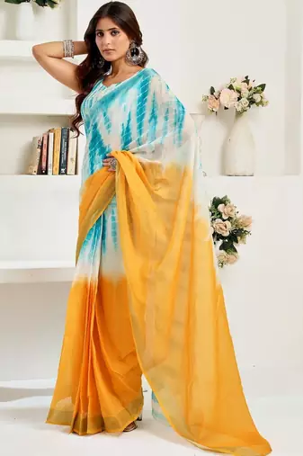 Turquoise sky blue linen ready to wear saree with printed design