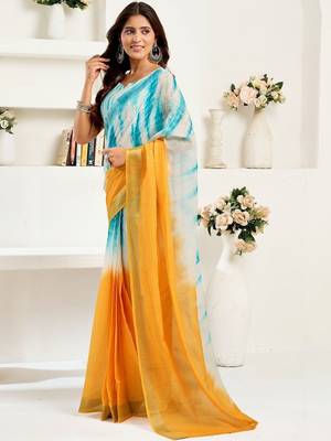Turquoise sky blue linen ready to wear saree with printed design 4
