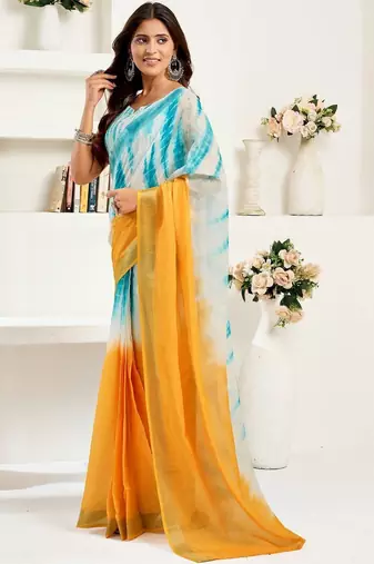 Turquoise sky blue linen ready to wear saree with printed design