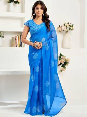 Blue royal blue linen ready to wear saree with printed design 1