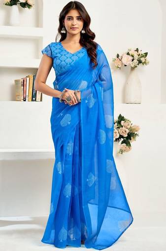Blue royal blue linen ready to wear saree with printed design