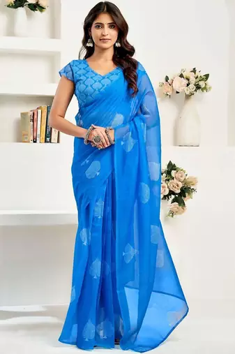 Blue royal blue linen ready to wear saree with printed design