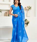 Blue royal blue linen ready to wear saree with printed design