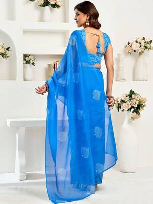 Blue royal blue linen ready to wear saree with printed design 2