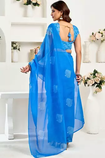 Blue royal blue linen ready to wear saree with printed design
