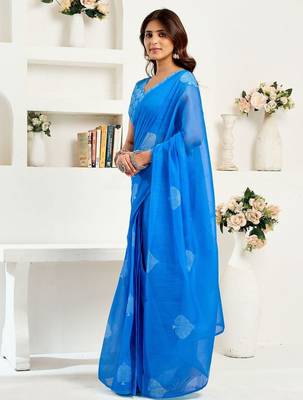 Blue royal blue linen ready to wear saree with printed design 3