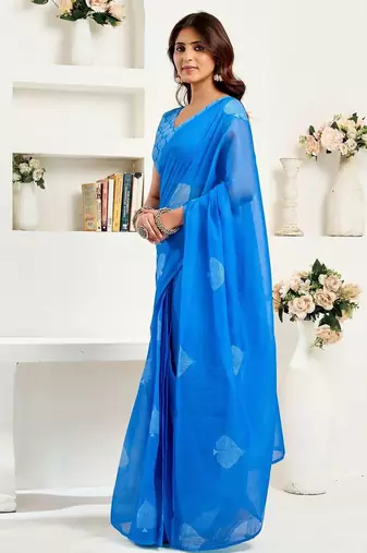 Blue royal blue linen ready to wear saree with printed design