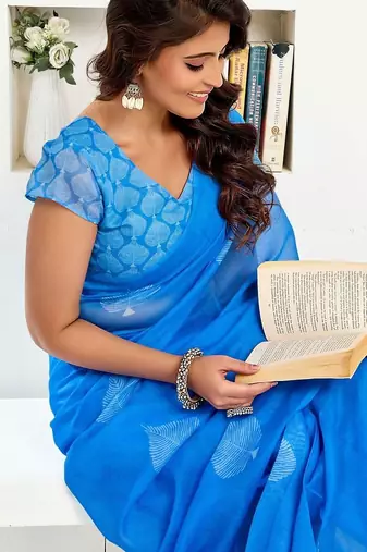 Blue royal blue linen ready to wear saree with printed design