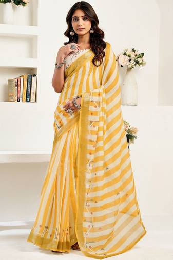 Yellow yellow linen ready to wear saree with printed design