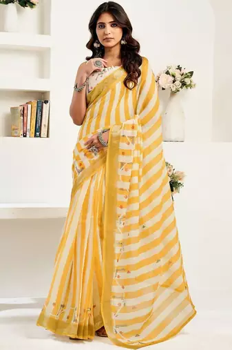 Yellow yellow linen ready to wear saree with printed design