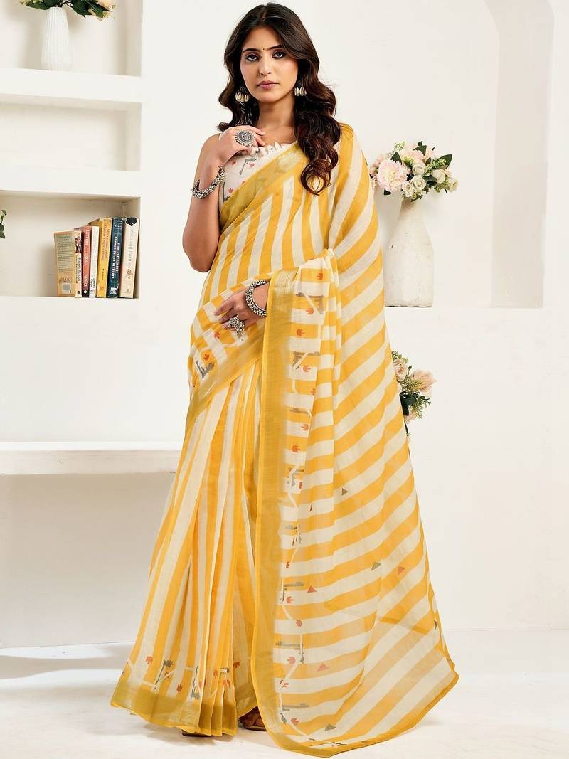 Yellow yellow linen ready to wear saree with printed design