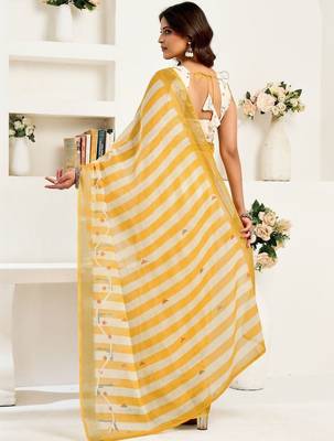 Yellow yellow linen ready to wear saree with printed design 2