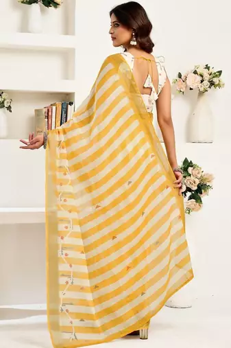 Yellow yellow linen ready to wear saree with printed design