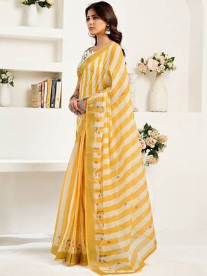 Yellow yellow linen ready to wear saree with printed design 3
