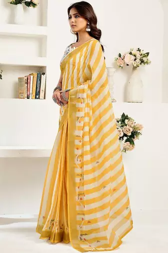 Yellow yellow linen ready to wear saree with printed design