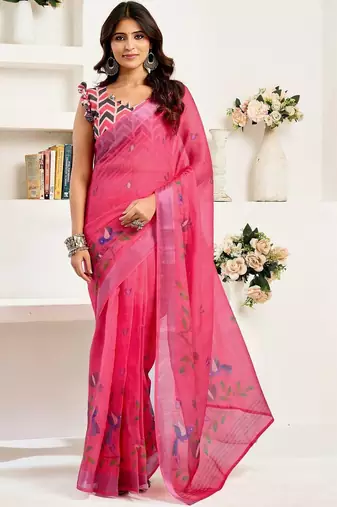 Magenta magenta linen ready to wear saree with printed design