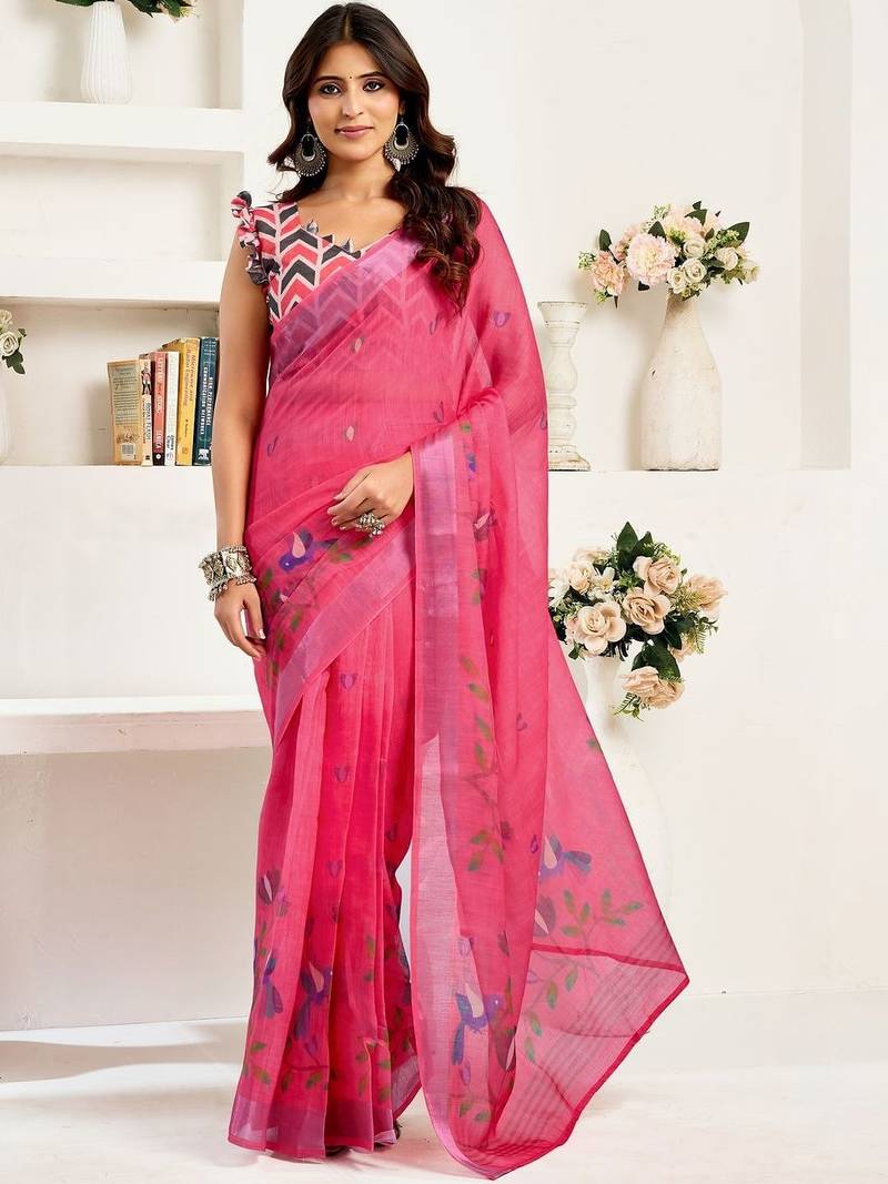 Magenta magenta linen ready to wear saree with printed design
