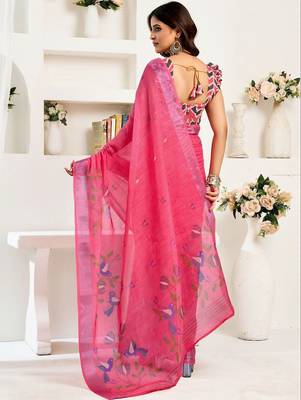 Magenta magenta linen ready to wear saree with printed design 2