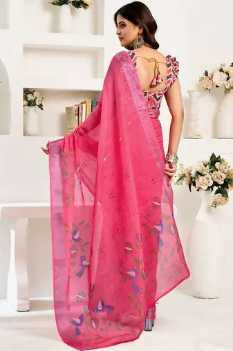 Magenta magenta linen ready to wear saree with printed design