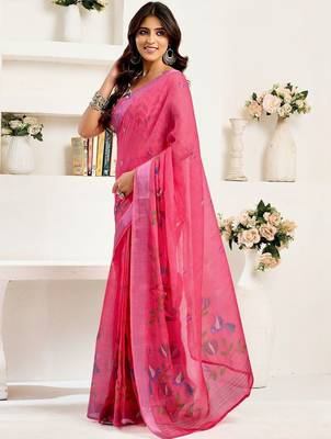 Magenta magenta linen ready to wear saree with printed design 3